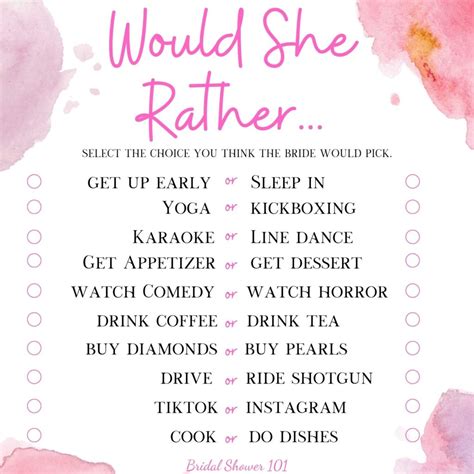 Free Would She Rather Bridal Shower Game Bridal Shower 101