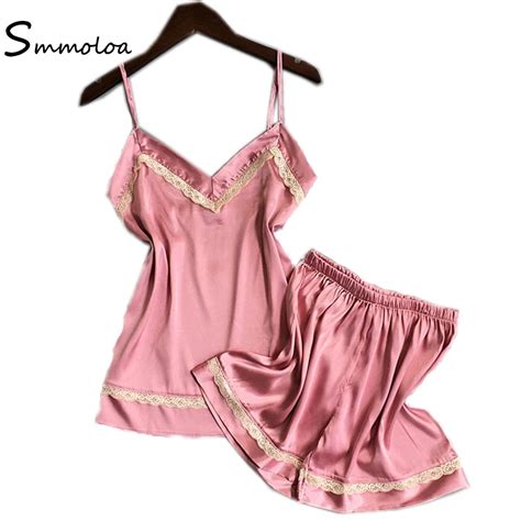 Smmoloa Summer Ice Silk Pijamas Sexy V Neck Spaghetti Strap Lace