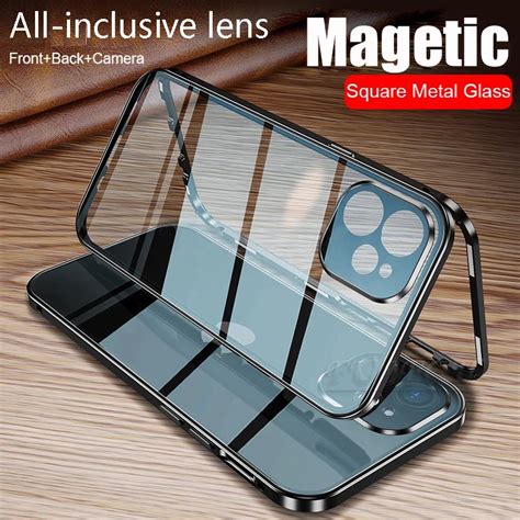 360 Double Sided Magnetic Adsorption Metal Case For Iphone 13 Pro Max Glass Cover Camera Lens