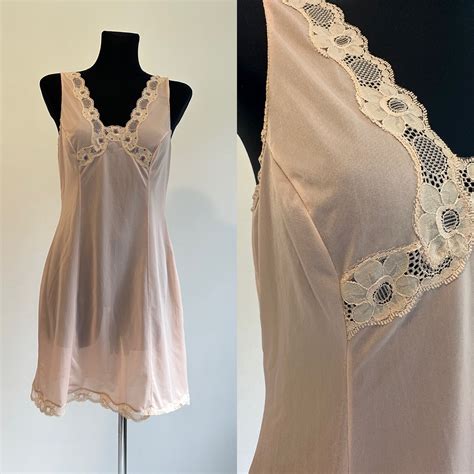 80s Vintage Full Slip Negligee Beige Nylon Lace Lingerie Etsy