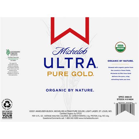 Michelob Ultra Pure Gold Organic Lager Domestic Beer 12 Pack 12 Fl Oz