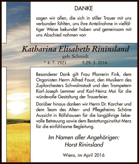 Traueranzeigen Von Katharina Elisabeth Rininsland Trauer HNA De