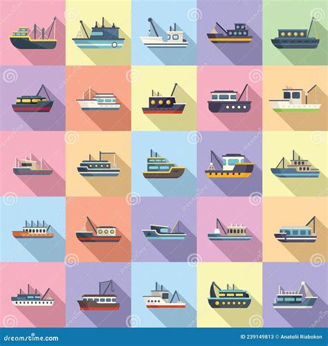 Fishing Boat Icons Set Flat Vector Cargo Marine Stock Vector