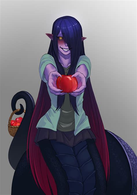 Safebooru Apophis Monster Girl Encyclopedia Apple Basket Bite Mark Black Sclera Blue Hair