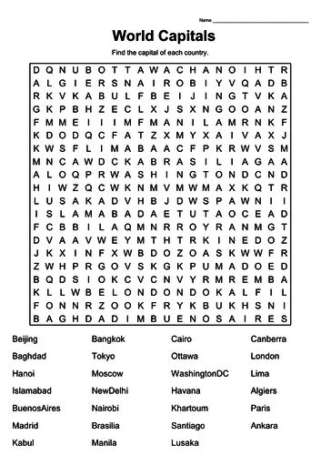 Capital Cities Wordsearch And Crossword Worksheet By Primarylion Teaching Resources