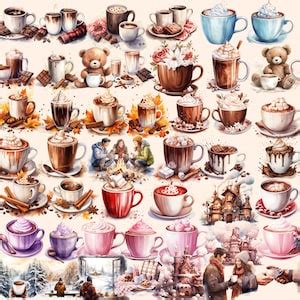 Hot Chocolate Watercolor Clipart Bundle PNG Hot Cocoa Images Winter Fall Cozy Drink