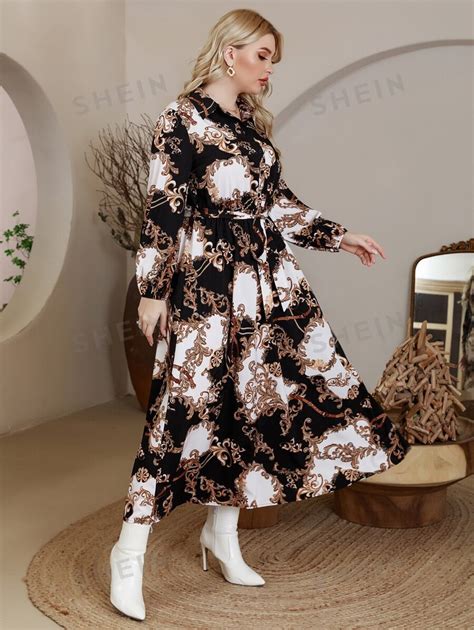 Shein Clasi Plus Baroque Chain Print Bishop Sleeve Belted Shirt Dress