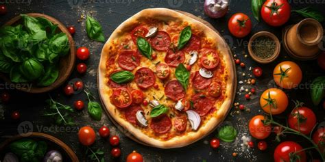 Pizza With Salami Mozzarella And Tomatoes On A Dark Background Ai