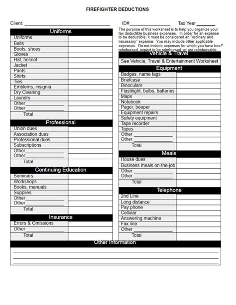 Firefighter Tax Deductions Worksheet