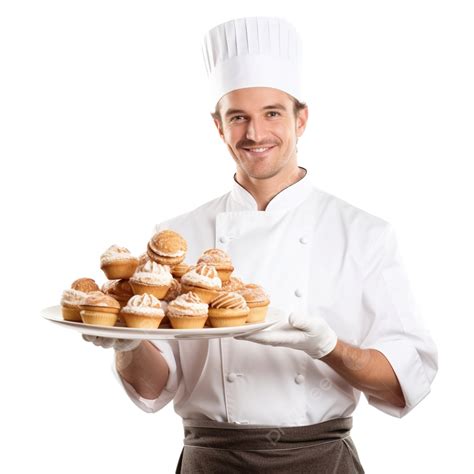 Chef Cocinero Panadero Sosteniendo Sirviendo Productos De Panadería De