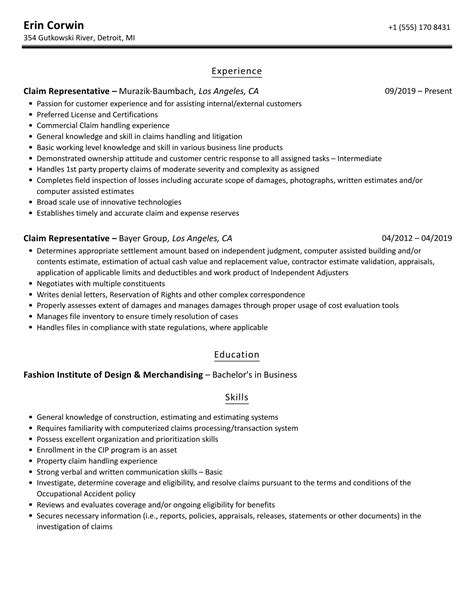 Claim Representative Resume Samples | Velvet Jobs