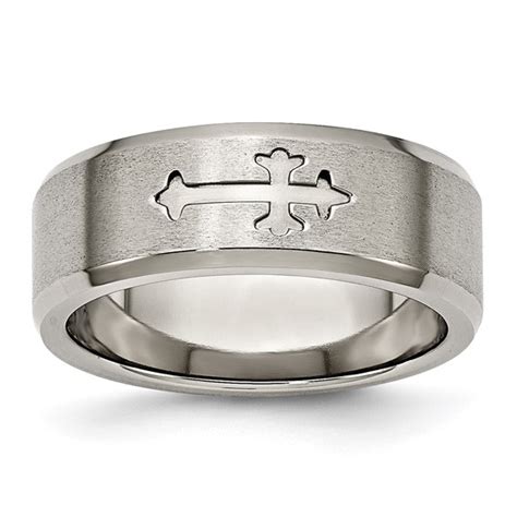 8mm Titanium Cross Satin Ring With Beveled Edges Tb335 Joy Jewelers