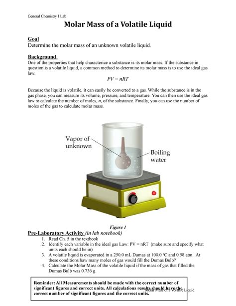 Molar Mass Of A Volatile Liquid Lab General Chemistry I Lab Molar