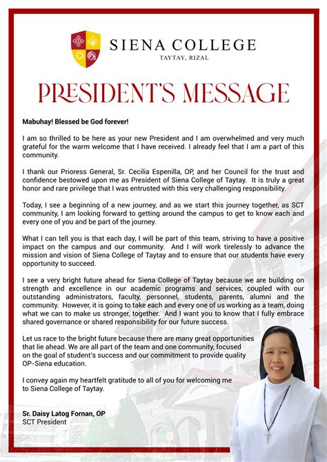 A MESSAGE FROM OUR SCHOOL PRESIDENT Siena College Of Taytay