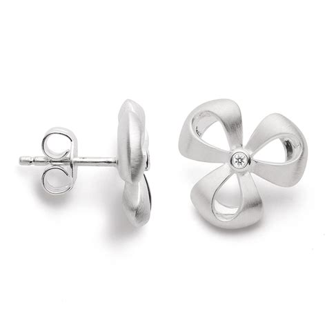 Bastian Silver Open Satin Finish Flower Earring Studs Set With A Single