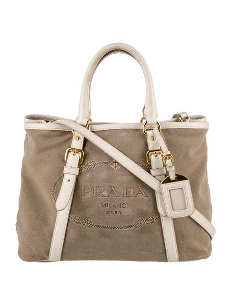 Prada City Calf Trimmed Canapa Logo Tote White Totes Handbags