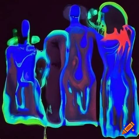 Surrealistic Painting Of Melting People On A Fluorescent Background On