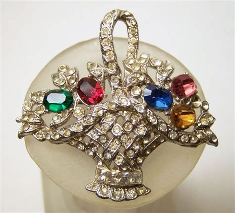 Vintage Crystal Rhinestone Flower Basket Pin Art Deco Style Silver Tone