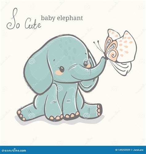 Baby Elephant With Butterfly Illustration Cute Animal Drawing Stock