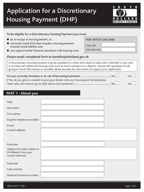 Fillable Online DISCRETIONARY HOUSING PAYMENT DHP APPLICATION FORM