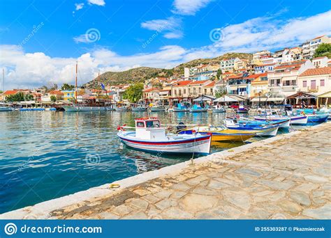 Traditional Colourful Greek Fishing Boats In Pythagorion Port Samos