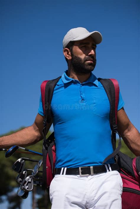 Golf Player Walking And Carrying Bag Stock Image Image Of Clubs