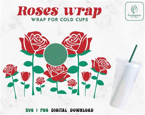 Red Roses Full Wrap For 24oz Venti Cold Cup Svg Cold Cup Svg Roses Svg Flowers Svg Png Floral