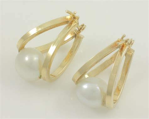 Vintage K Cultured Freshwater Pearl Hoop Earrings Jacmel K Gold