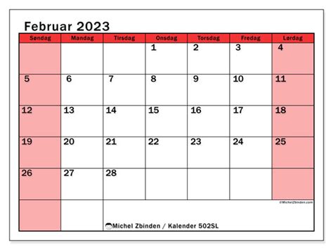 Kalender For Februar 2023 For Utskrift 502SL Michel Zbinden NO