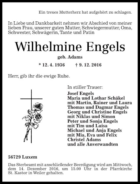 Traueranzeigen Von Wilhelmine Engels Rz Trauer De