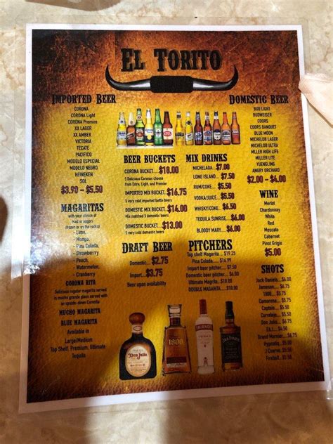 Menu at El Torito Mexican Restaurant, Shamokin Dam