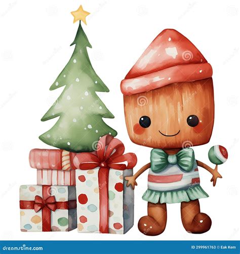 Cute Gingerbread Gift Boxes Christmas Tree Watercolor Clipart