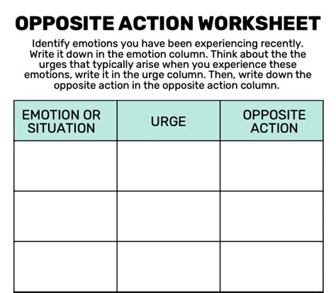 Opposite Action Worksheet Free Printable Goally