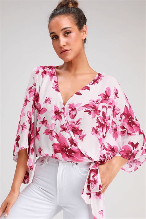 Cute Pink Floral Top Surplice Top Kimono Sleeve Top Lulus