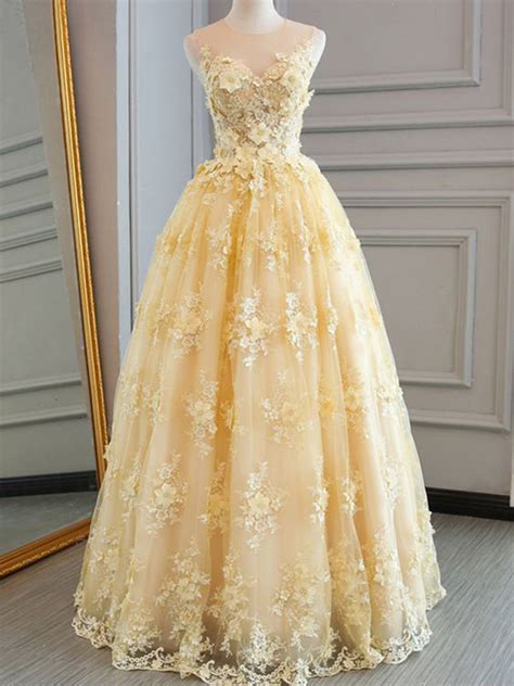 Long Prom Dresses Scoop A Line Floor Length Lace Sexy Yellow Prom Dres