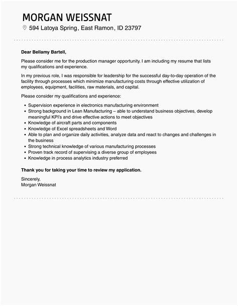 Production Manager Cover Letter Velvet Jobs