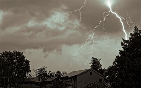 Trees Monochrome Nature Sky Clouds House Lightning Storm