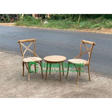 Jual Set Teras Kursi Silang Meja Bulat Retro Kayu Jati Kopi Cafe Makan