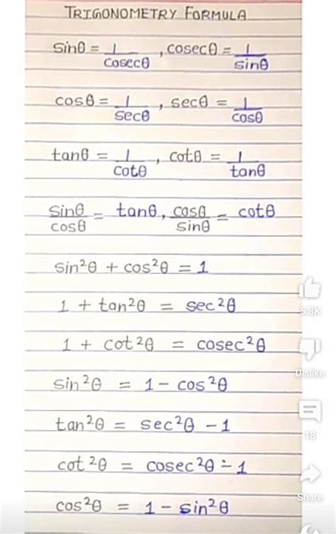 Trigonometry Formula Sin Cosec Cosec Sin Cos Sec Sec Cos Ta