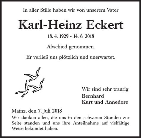 Traueranzeigen Von Karl Heinz Eckert Vrm Trauer De