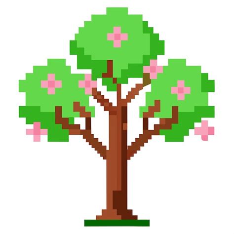 Pixel Art Blooming Tree With Pink Flowers Retro Video Game Style Nature