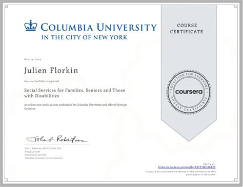 Columbia University Social Services Certification Of Julien Florkin
