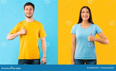 Happy Man And Woman Gesturing Thumbs Up And Smiling Stock Image Image