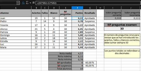 Hoja de cálculo Excel xlsx para cálculo de notas de exámenes Proyecto A