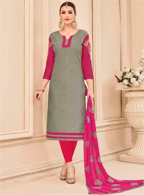 Gray Cotton Churidar Salwar Suit Churidar Salwar Suits