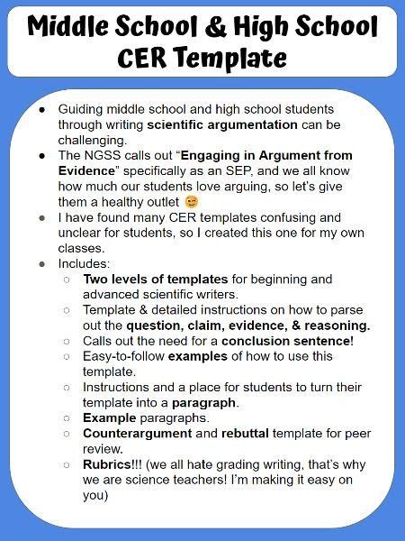 CER Template with Examples and Rubrics (Scientific Writing, Argumentation)