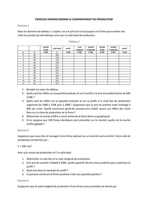 3 Exercices Microeconomie LE Comportement DU Producteur 2 EXERCICES