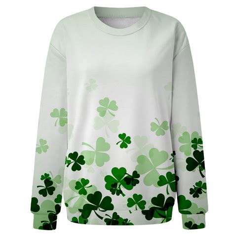 Womens St Patricks Day Shirts Long Sleeve Crewneck T Shirt Clover