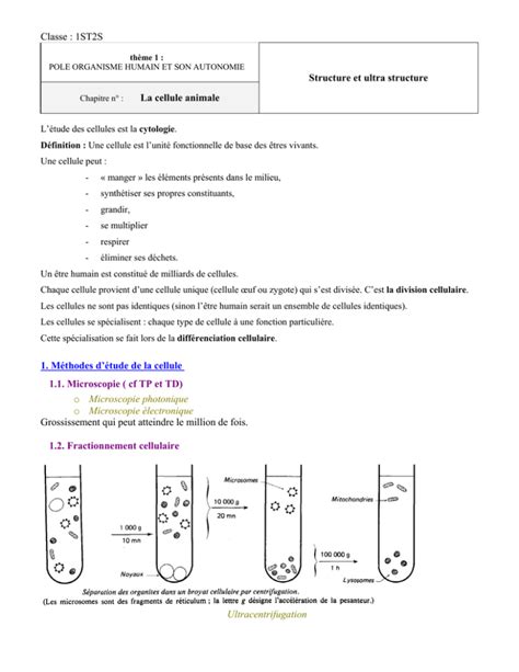 1ST2S Structure et ultra structure 1 Méthodes d étude de la cellule