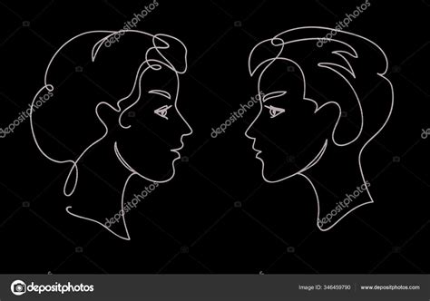 Couple Teens Communication Concept Young Man Woman Faces Silhouettes Continuous Stock Vector By